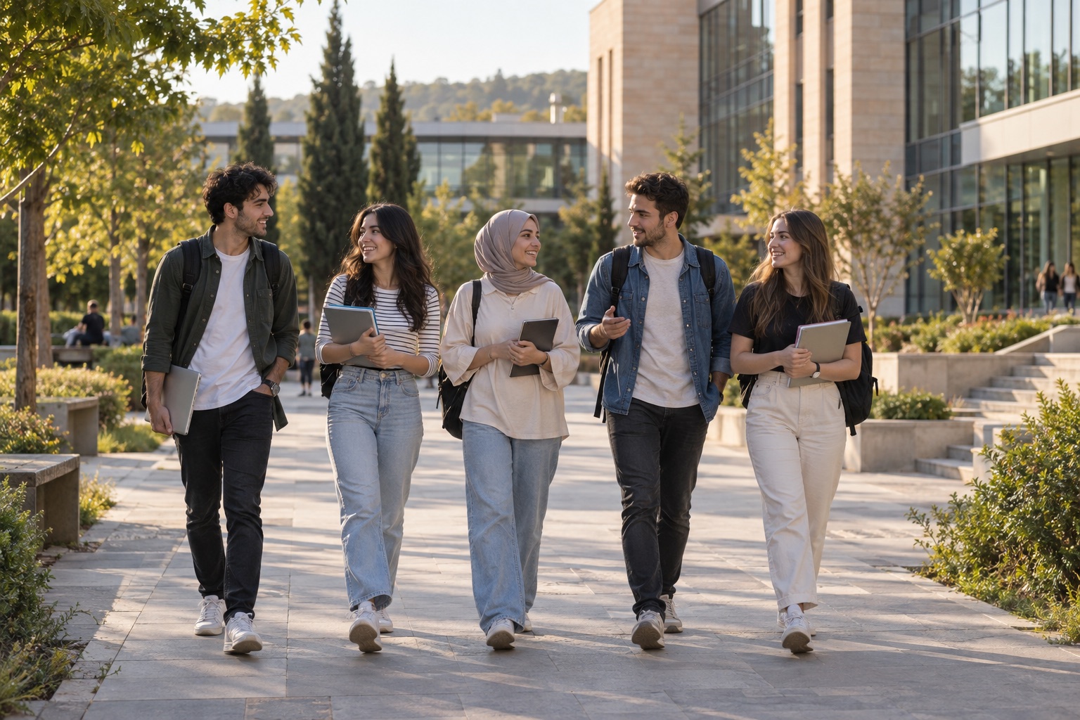 Kampüste birlikte yürüyen üniversite öğrencileri